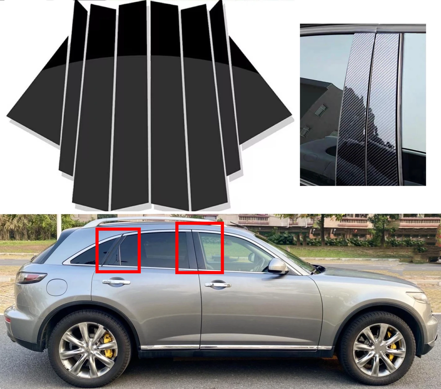 

8pcs Fit For Infiniti FX35 FX45 2003 2004 2005 2006 2007 2008Carbon Glossy Black Column B C Pillar Posts Door Trim Window Cover