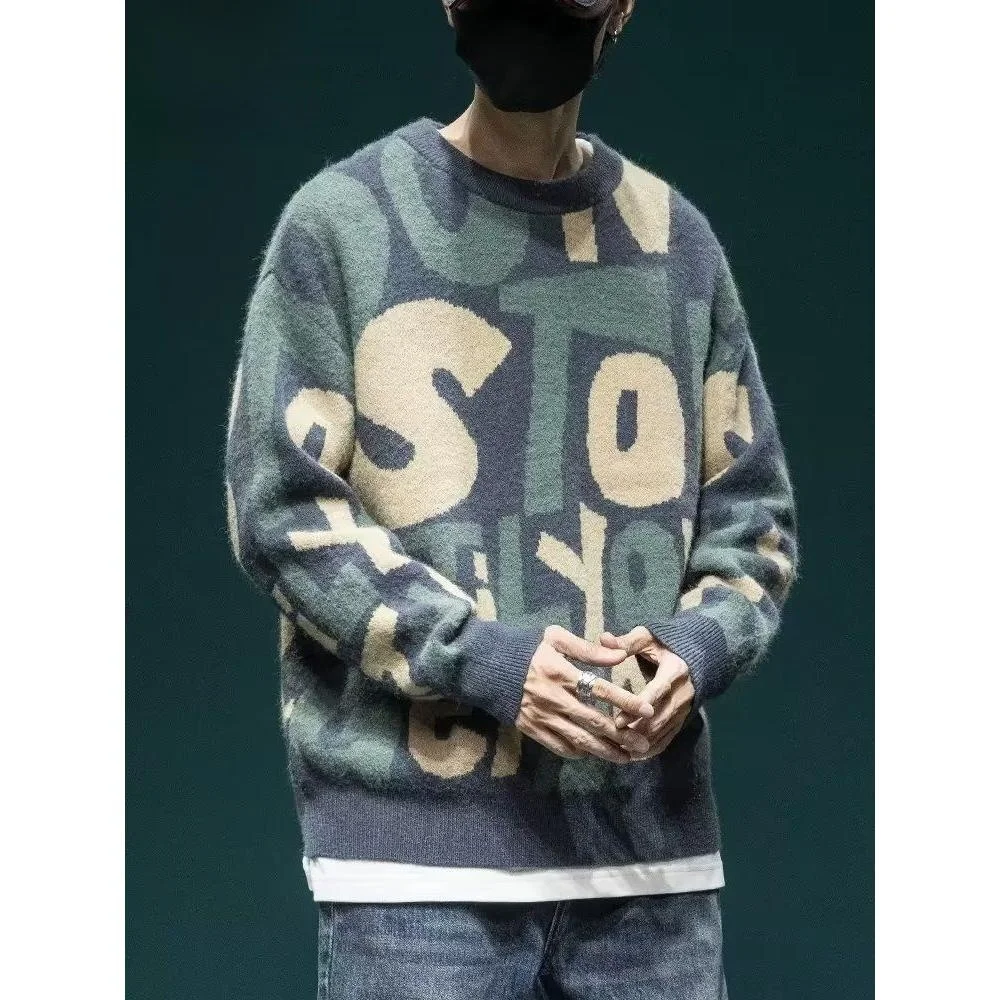 

Мужской вязаный свитер с круглым вырезом, утолщенный, пушистый, с цветными блоками, шикарный, в гонконгском стиле, осенне-зимний, модный, из велюра.