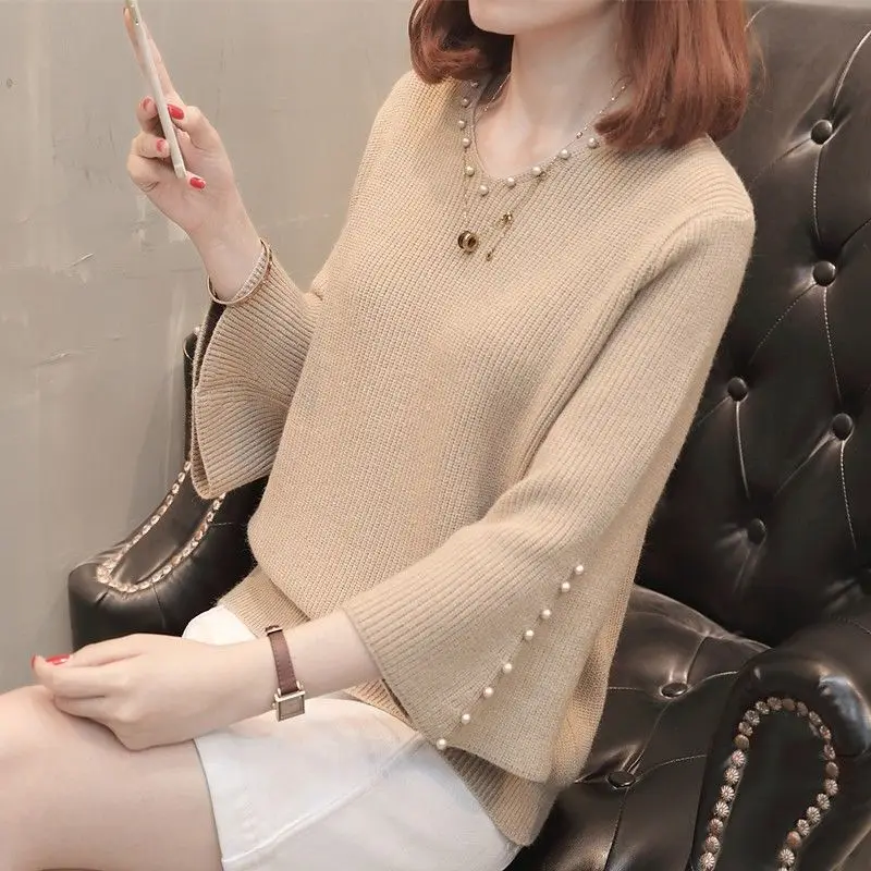 Spring Autumn New Loose All-match Knitting Tops Solid Color 3/4 Sleeve V Neck Elegant Sweaters Fashion Vintage Womne Clothing