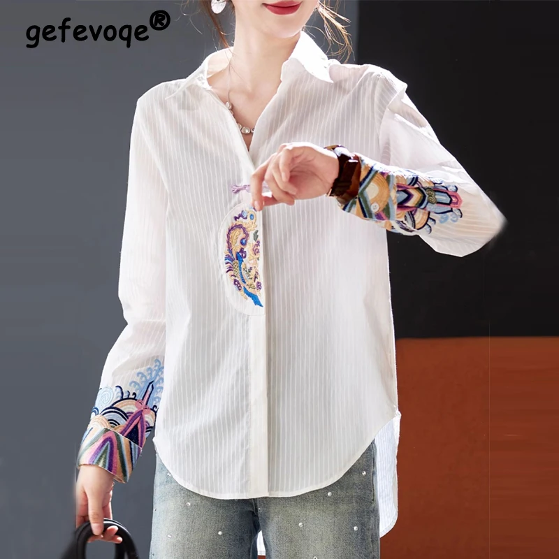 

Women Fashion Vintage Embroidery Striped Button Up Shirt Office Lady Elegant Irregular Blouse Casual Long Sleeve Loose Tunic Top