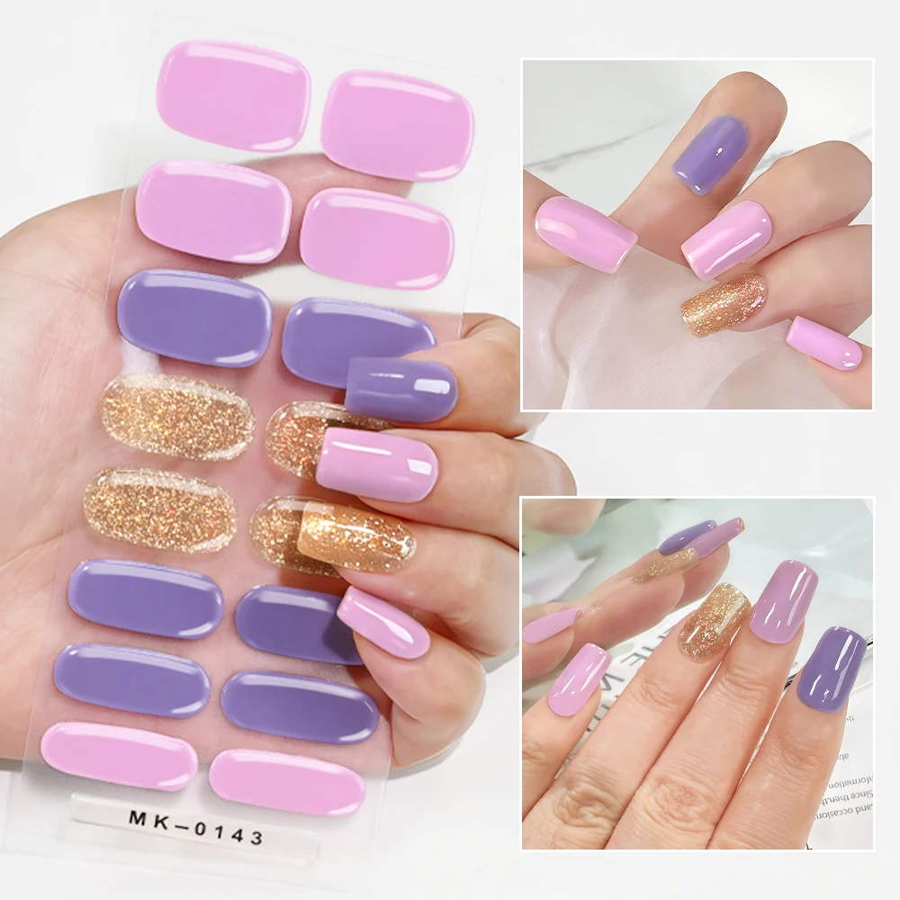 16Tips Solid Color & Glitter Semi Cured Gel Nail Strips Self-Adhesive Baking Free Elegant Gel Nail Sticker Full Coverage Decals