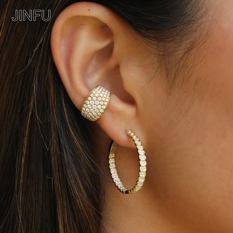 JINFU Copper Gold Plated Clip Earrings For Women Classic Full CZ Zircon Fake Piercing Women's Ear Cuff 2022 Jewelry Wholesale