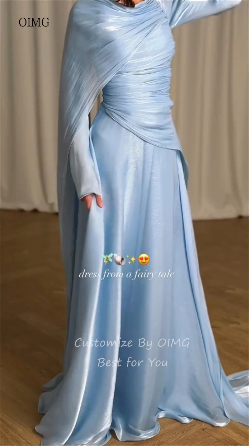 OIMG 우아한 하늘색 캡 A라인 프롬 가운 반짝이는 주름 파티 가운 사우디 플로어 길이 파티에 완벽한 이브닝 드레스 맞춤 제작