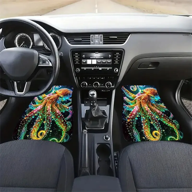 4pcs Colorful Octopus Pattern Car Floor Mat Set | Universal Crystal Velvet, Anti-Slip And Durable, Decorates Interior, Effective