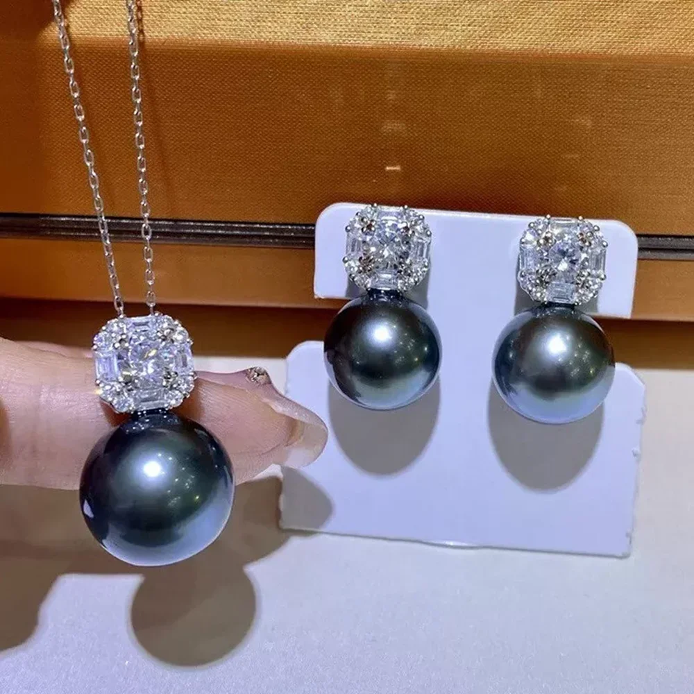 

Gorgeous AAAA 9-10mm 10-11 mm Natural South Sea Black Round Pearl Set 18 inch Pearl Pendant+Pearl Earrings 925S
