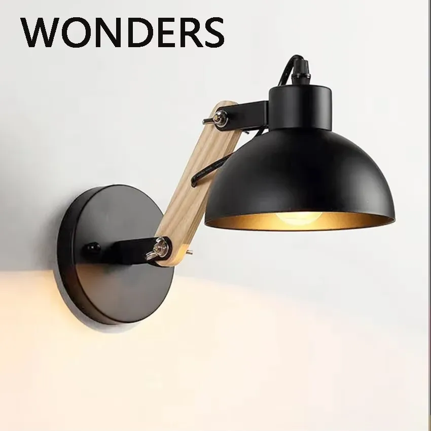 Lámpara LED de pared nórdica para mesita de noche, luces de pared de hierro y madera, práctica, ajustable, para lectura, estudio, iluminación,
