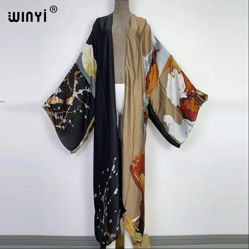 WINYI Catwalk Kimono Women Printed Bubble 2026 Coat Long Sleeve Cardigan Abaya Dubai Luxury Beachwear Cover Up Boho Dress Caftan 4