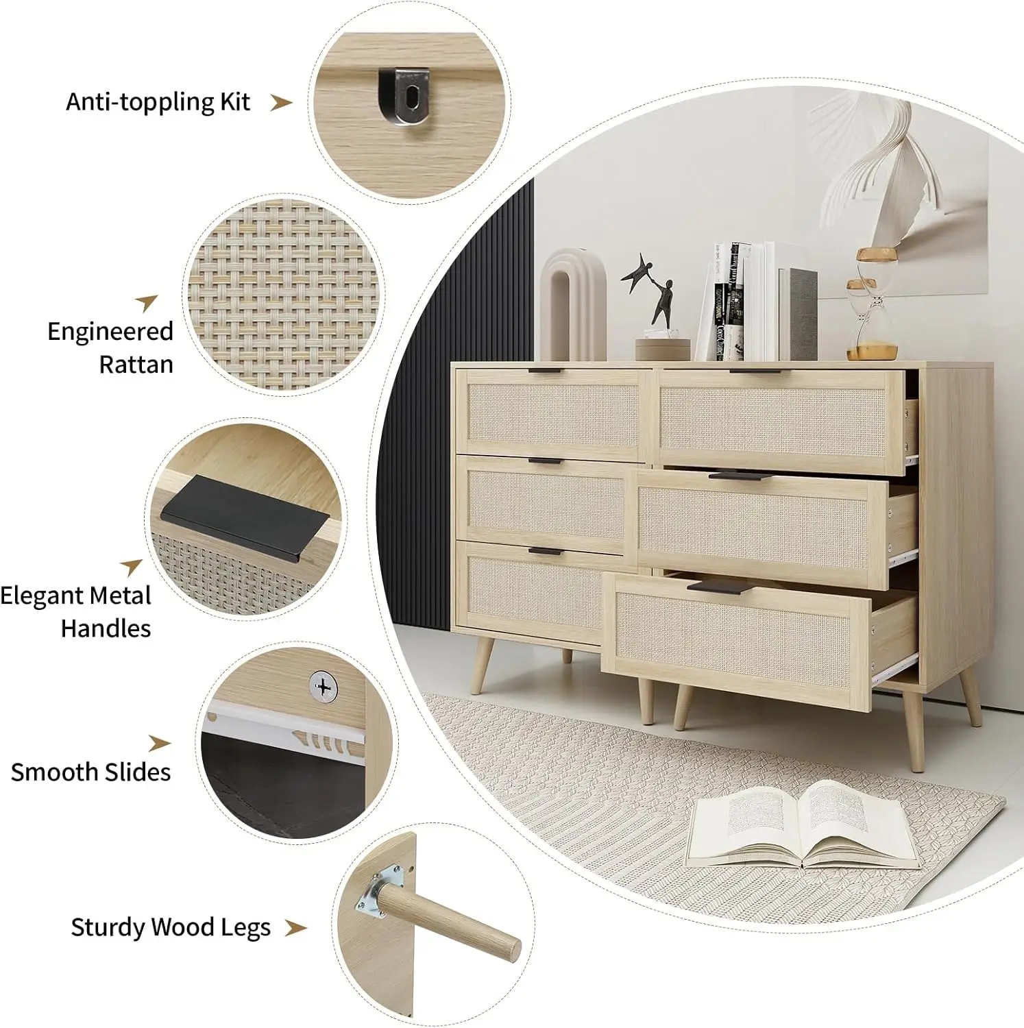 3 Rattan Drawers Dresser For Bedroom, Wood Chest Of Drawers, Modern Accent Storage Cabinet, Wicker Boho Nightstand For Living