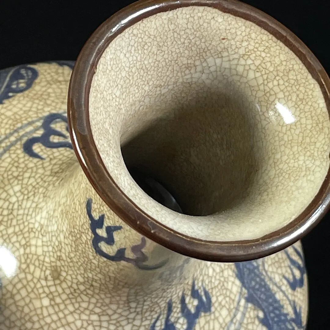Vintage Style Blue & White Dragon Vase Crackle Glaze Chinese Porcelain Home Decor Collectible Gift