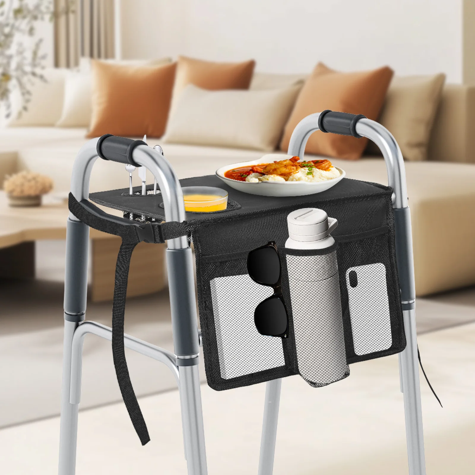 Folding Walker Tray with Cup Holder Multi Pocket Rollator Storage Bag Dinner plate for Elderly Present