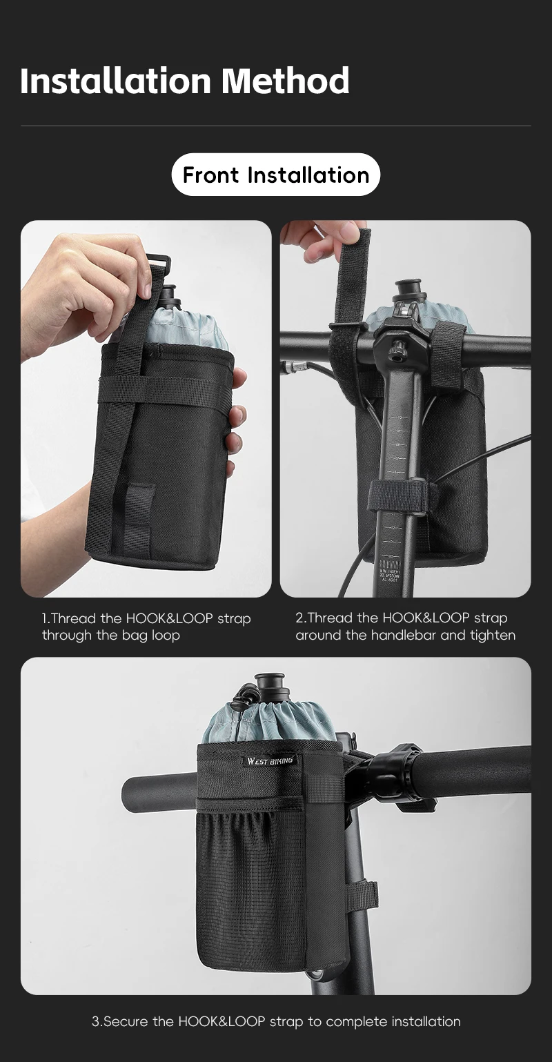 WEST BIKING Isolierte Fahrradflaschentasche Wasserabweisende Lenkertasche mit Seitentasche MTB Rennrad Aufbewahrungsorganizer – Detail 12