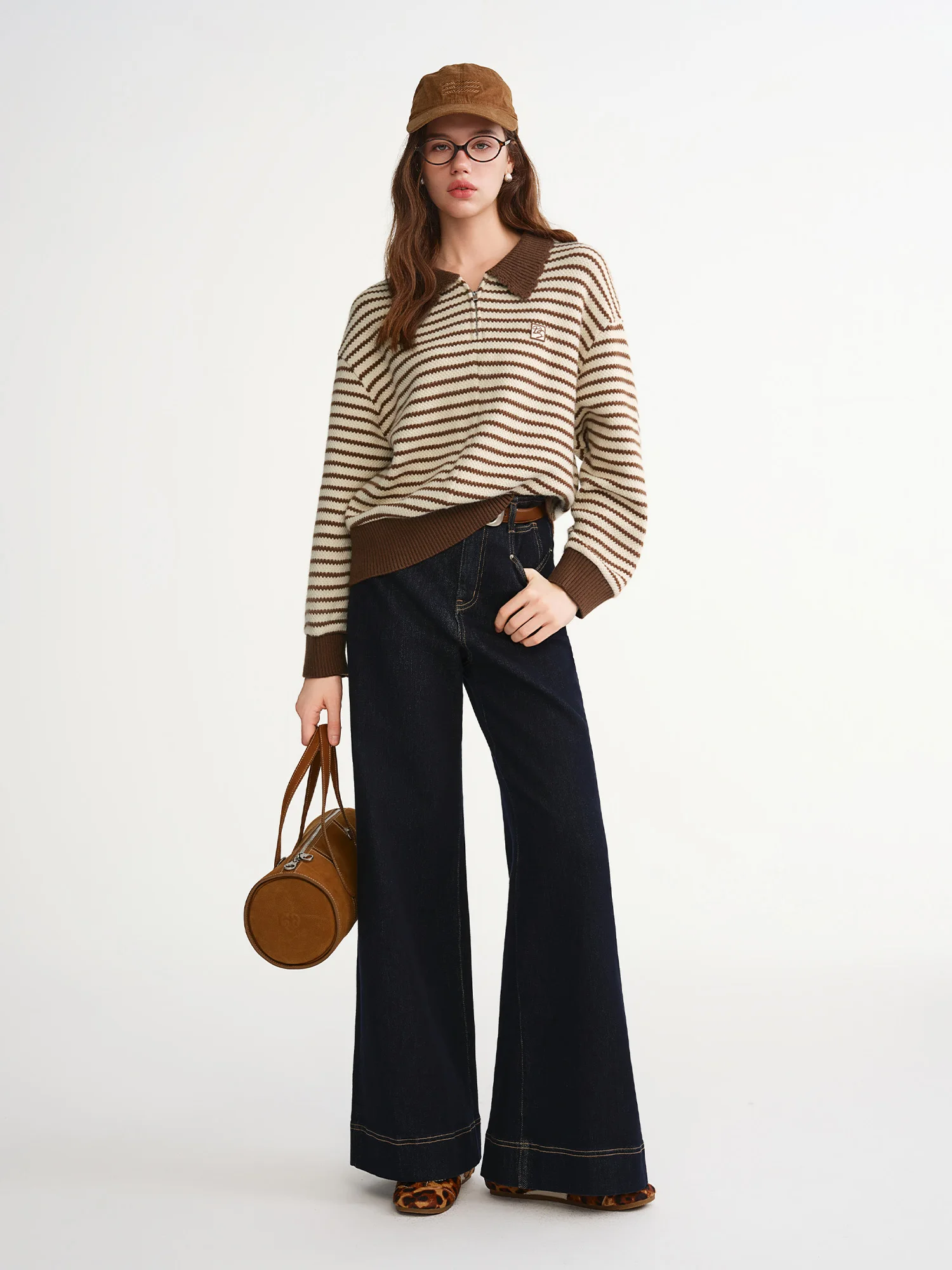 DUSHU العصرية حجم كبير المرأة عالية الخصر واسعة الساق الجينز السراويل 2025 شتاء جديد مكتب عادية بسط التخسيس مثاليا