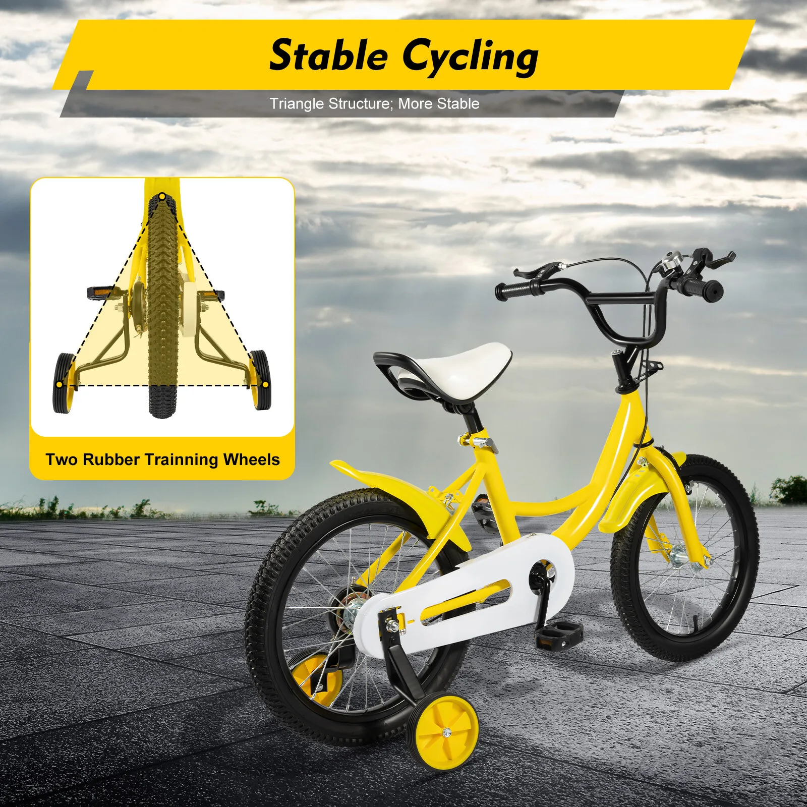 Bicicletta per bambini da 16 pollici Bicicletta gialla regolabile in altezza per ragazzi e ragazze di 5-8 anni
