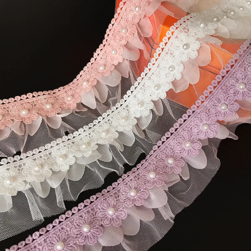 

15yards Vintage Ruffle satin chiffon Lace Edge Trim Pleated Ribbon Fabric Hem 5CM for girl's clothing decoration