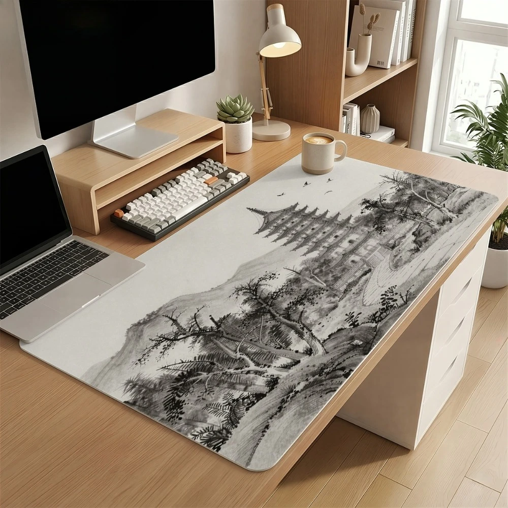 Utilisation de motifs artistiques monochromes représentant des pagodes traditionnelles, des arbres et des oiseaux, pour les organiseurs de bureau, les plateaux et les tapis de souris.