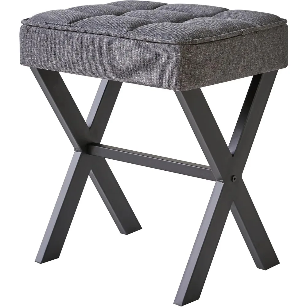 

Square Makeup Stool with X-Leg Foot Rest, Linen Footrest Stool, Ottoman Seat Vanity Stool, Multi-Use as Small Side Table