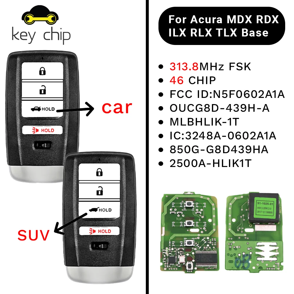 

Автомобильный ключ дистанционного управления KeyChip для Acura TLX ILX MDX RDX RLX 2015-2020 ID47 KR5V1X 313,8 МГц ID47 Chip Promixity Card