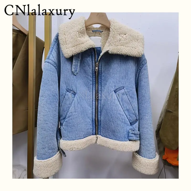 CNlalaxury 2024 Autumn Winter Female New Lapel Berber Fleece Cowboy Zipper Jacket Long Sleeved Versatile Short Tops Outerwear