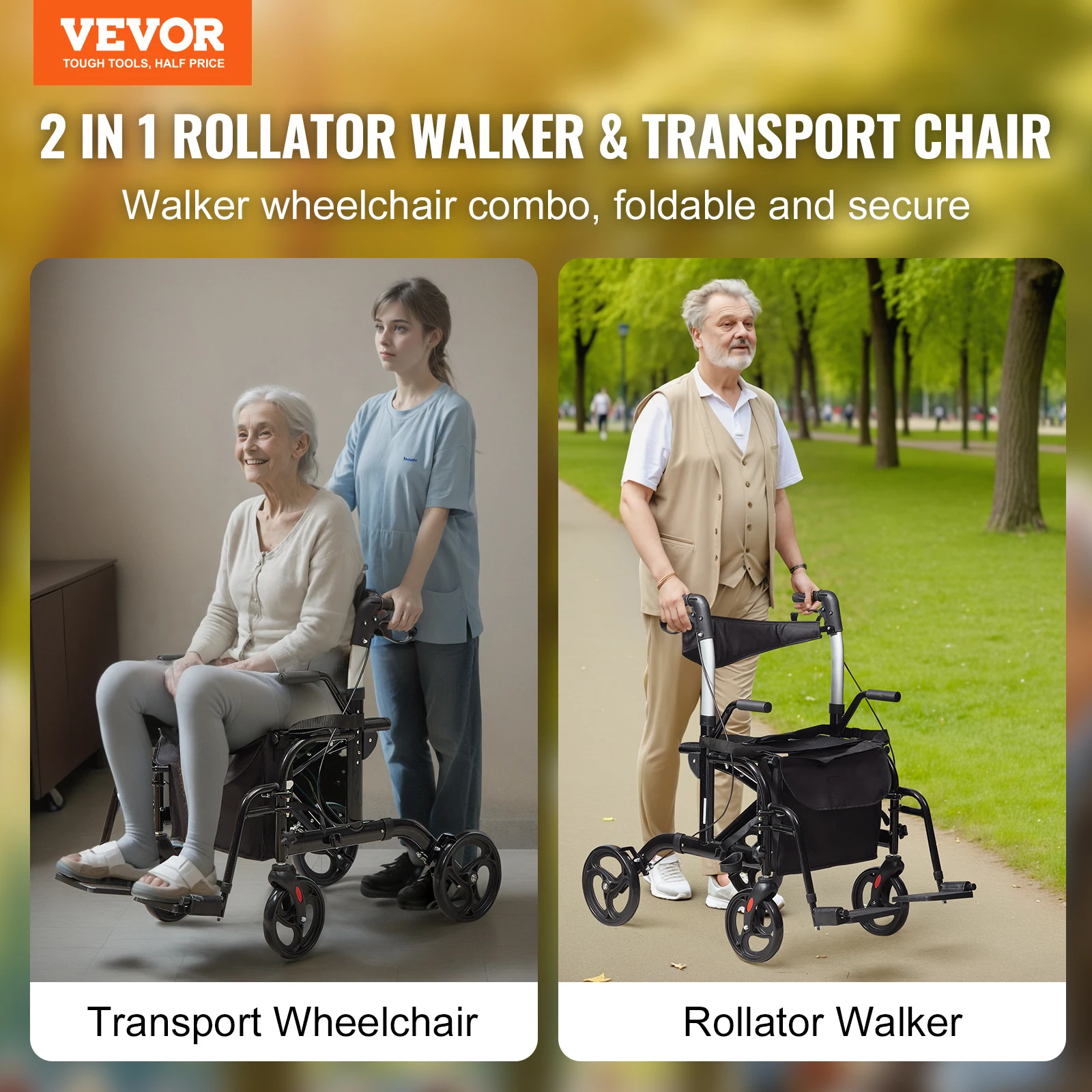 VEVOR 2 in 1 Rollator Walker & Transport Chair for Seniors Folding Rolling Walker Wheelchair Combo & Aluminum Mobility Walker