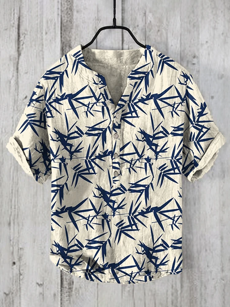 

2025 Directly Operated Bamboo Leaf Personalized 3D Printed Casual Short sleeved Linen Shirt for Men's Loose Youth Art Shirt