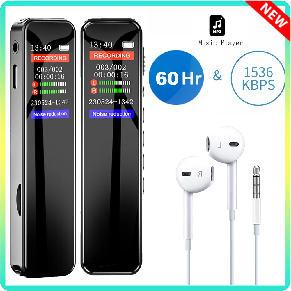 مسجل صوت رقمي محمول شاشة ملونة مشغل موسيقى MP3 مع ميكروفون، مسجل موقت مع تسجيل صوتي 1536 كيلوبت في الثانية للعمل