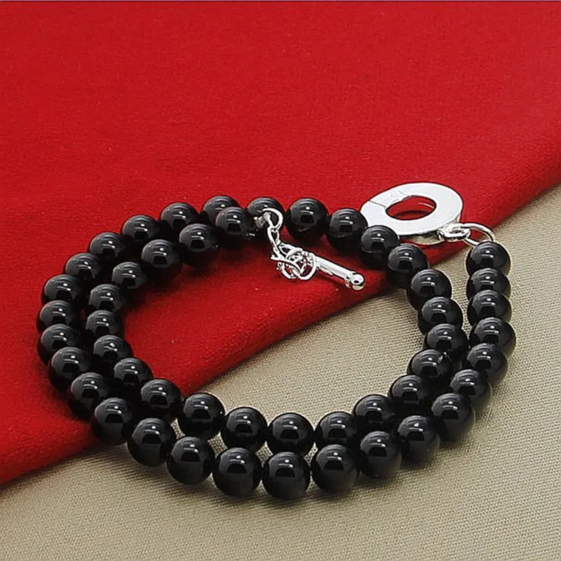 

New Trendy 925 Sterling Silver Round Black Pearl Necklaces Women Men Jewelry Wedding Party Gift