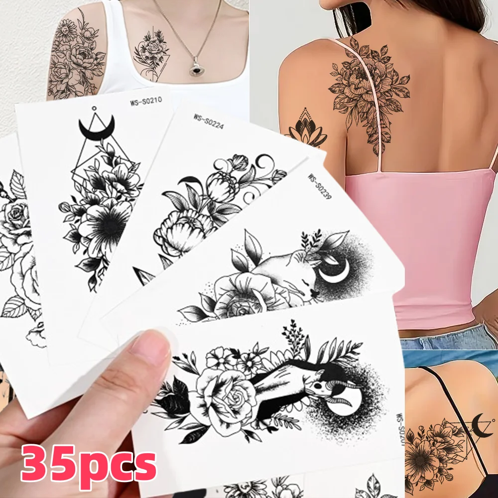 

35Pcs Sexy Rose Flower Waterproof Temporary Tattoo Stickers Black Blossom Woman Fake Body Arm Sleeve Transfer Sticker for Adult