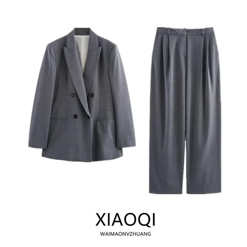 Spring 2025 Women's Faion Suit Jaet with oulder Pads Double Row Buttons mid Waist Long Pants Ele Workwear