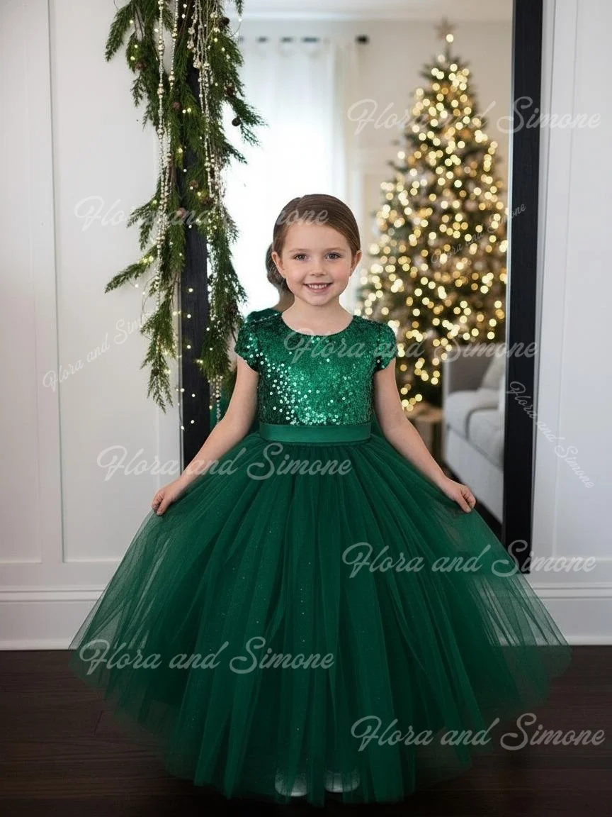 Customized Green Fluffy Sequin Short style Flower Girl Dress for Christmas Holiday Celebrations Dance Performances Birthday part