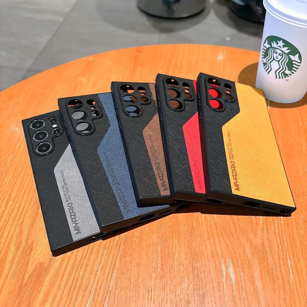 Luxury Matte Leather Contrasting Color Phone Case For Samsung Galaxy S24 S23 S22 S21 Ultra Plus Lens Protection Shockproof Cover image 6