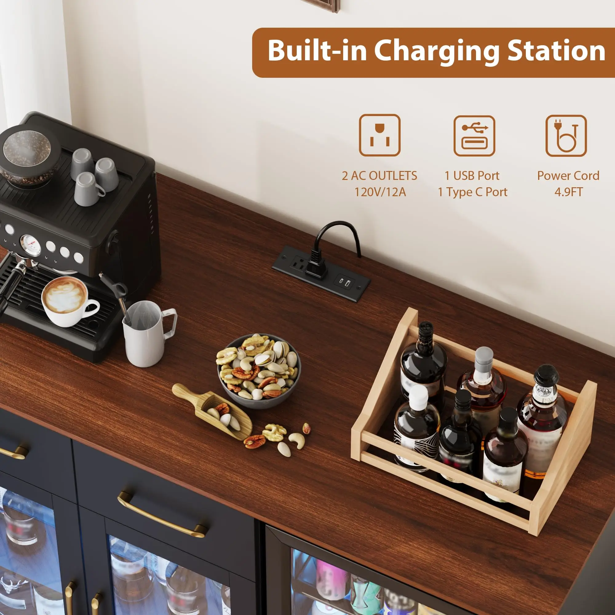 Coffee Bar Cabinet With Mini Fridge Space, LED Lights, Charging Station, Glass Door Storage Cabinet For Home Kitchen Bar Dining Room - view 6