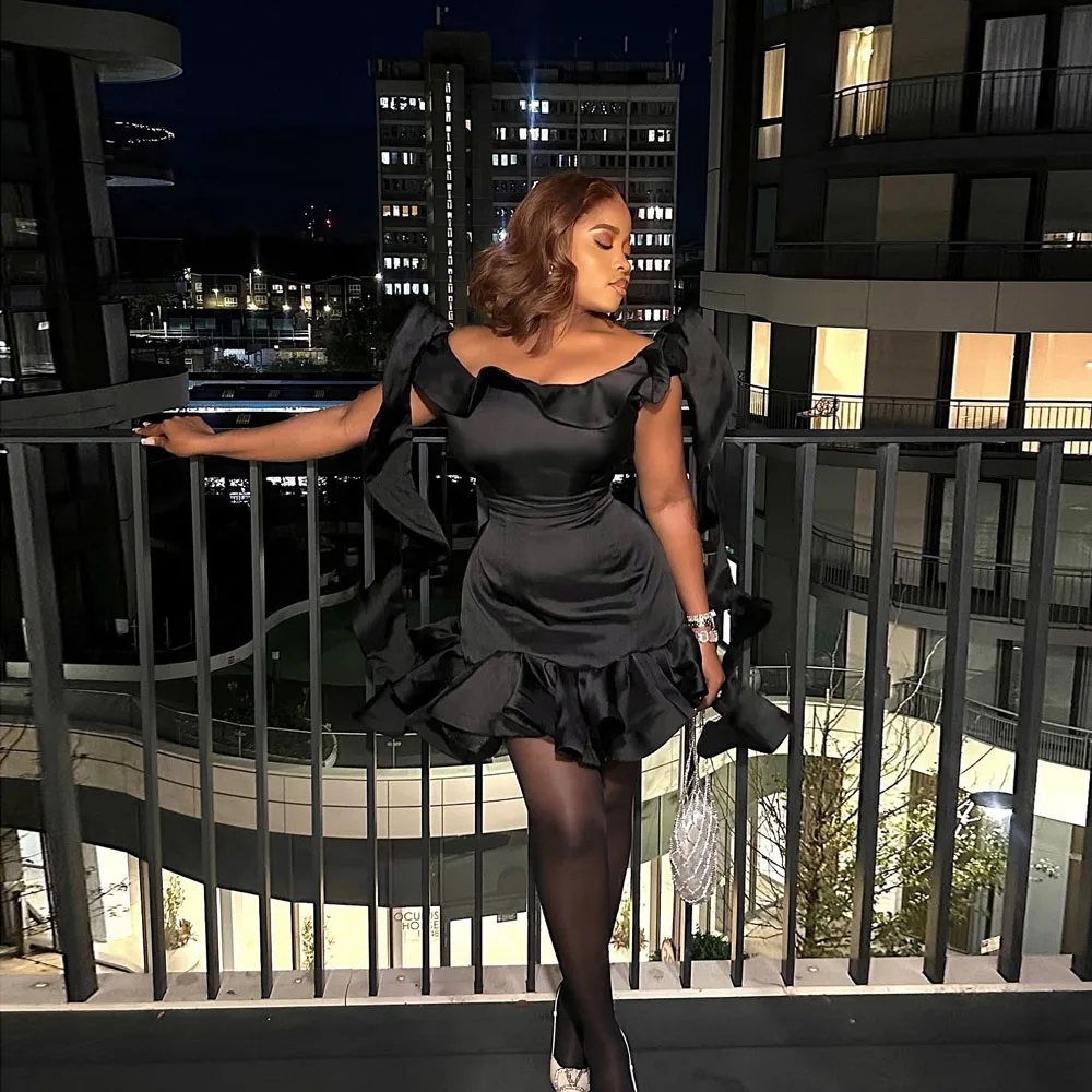 

Sexy Black Satin Short Women Dresses With Ruffles Trimmed Details Fashion African Women Maxi Dress To Party