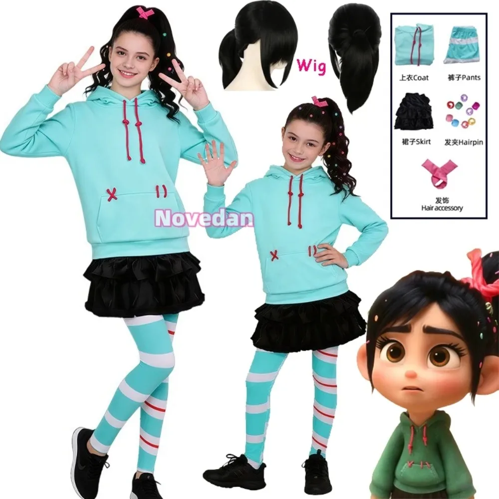 Anime Vanellope Von Cos Schweetz Cosplay Kostüm Kinder Schweetz Haarspangen Hoodie Perücke Anzug Halloween Outfit Kleidung Frauen Mädchen