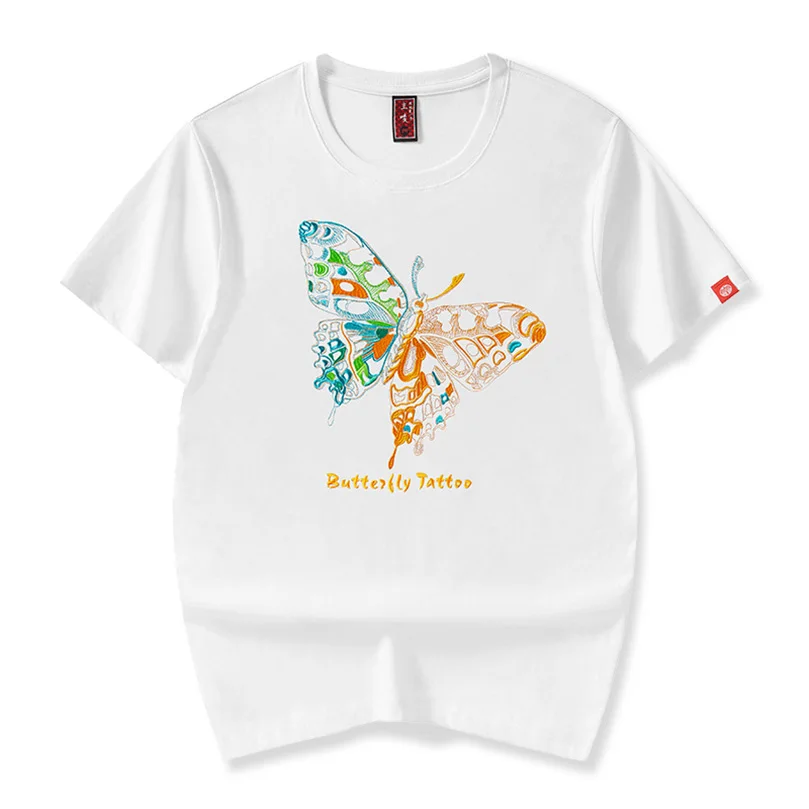 Summer Butterfly Embroidery Tshirt Men Cotton Short Sleeve Top Tee Yokosuka Luxury Harajuku T Shirt Man Round Neck Male Clothing