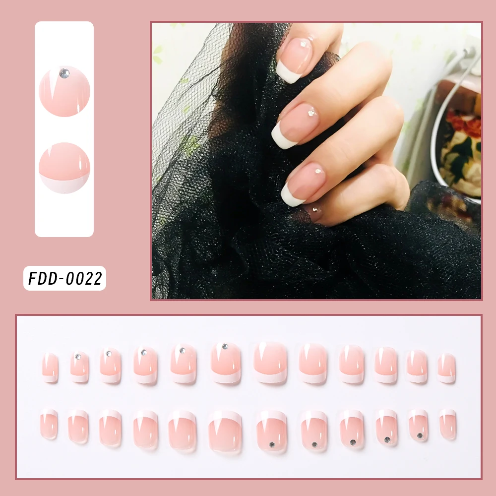 24Pcs/Set Short Ballet Pink French False Nail with Rhinestones White Edge Full Cover Wearable Fake Nail Daily Wear Press on Nail