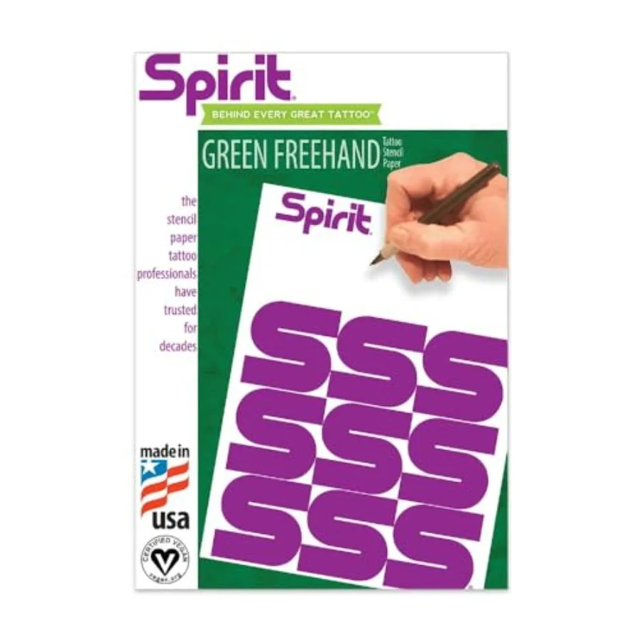 

Бумага для трансфера татуировок Spirit Green Freehand, 8,5 x 11 дюймов, 100 листов, веганская, сертифицированная, сделано в США, идеально подходит для тату-мастеров