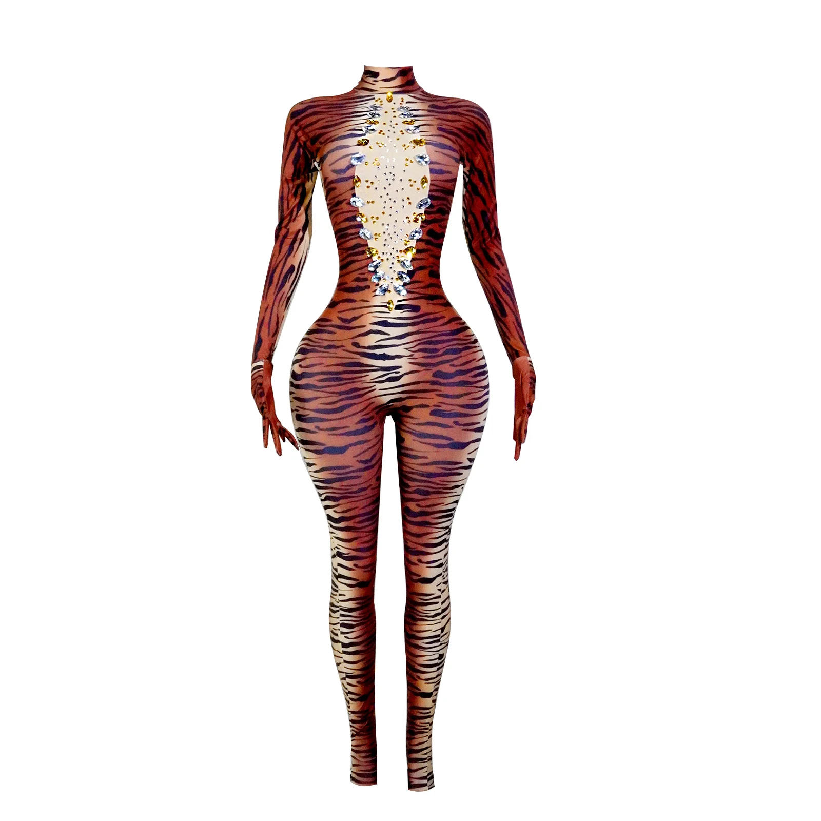 

Sexy Shiny Rhinestones Animal Halloween Tiger Jumpsuit Group Party Cosplay Theme Drag Queen Outfit Bar Dance Stage Show Costume