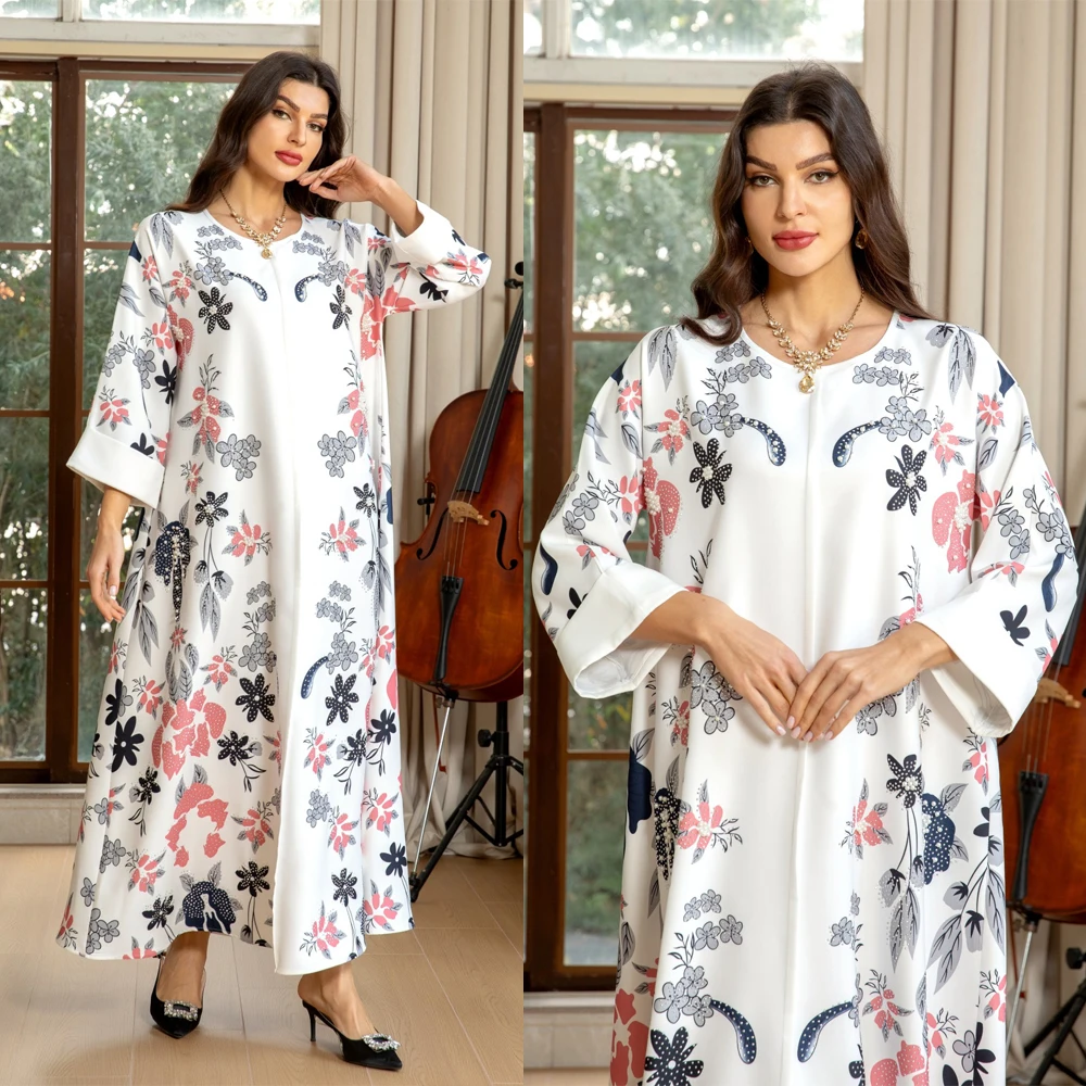 Fashion Colorful Floral Printed Abaya Muslim Women Diamonds Long Dresses Jalabiya Round Neck Kaftan Islamic Loose Robe Arab Eid