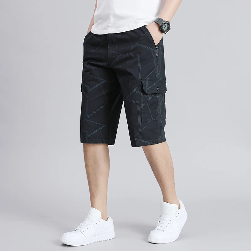 Summer Thin Stylish Printed Casual Shorts Beach Style Loose All-match Men\'s Clothing Pockets Spliced Commute Zipper Knee Pants