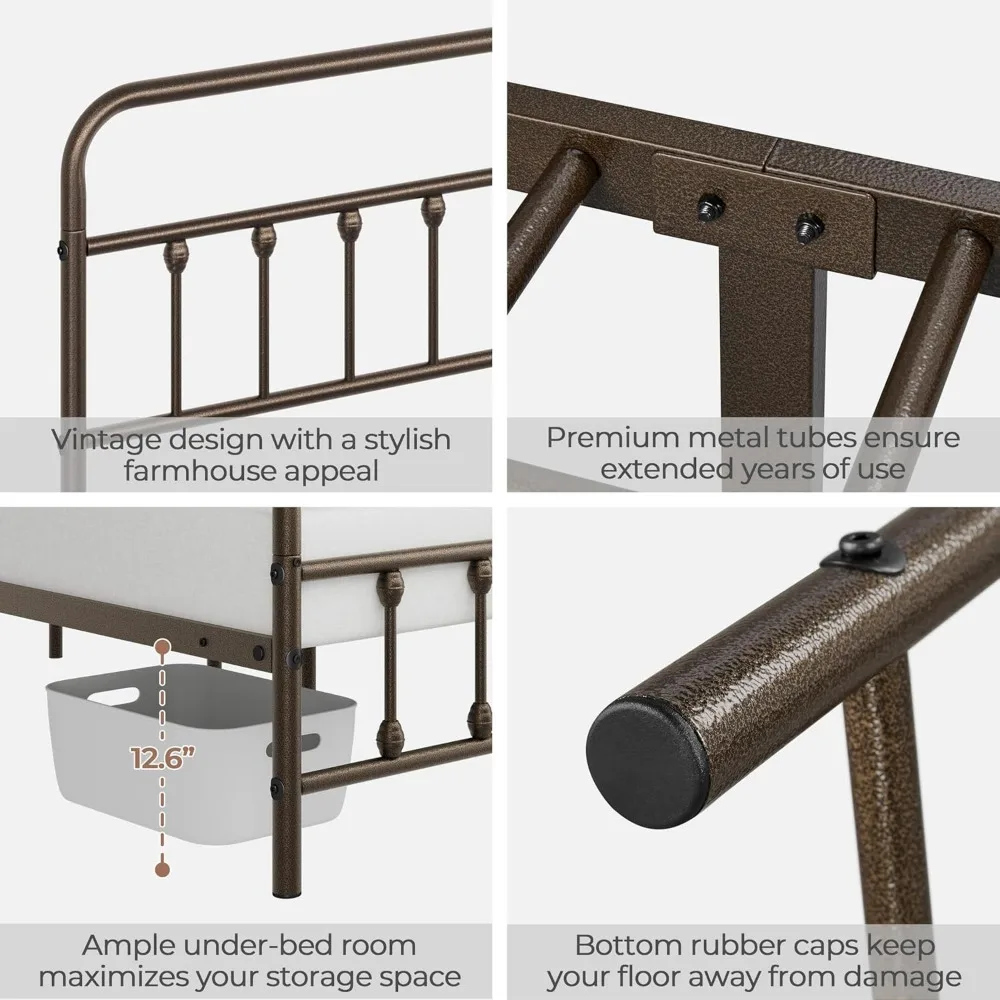 إطار سرير بمنصة معدنية على الطراز الفيكتوري مع لوح رأسي مرتفع، وحدة تخزين تحت السرير، لا حاجة إلى صندوق زنبركي، مقاس مزدوج برونزي