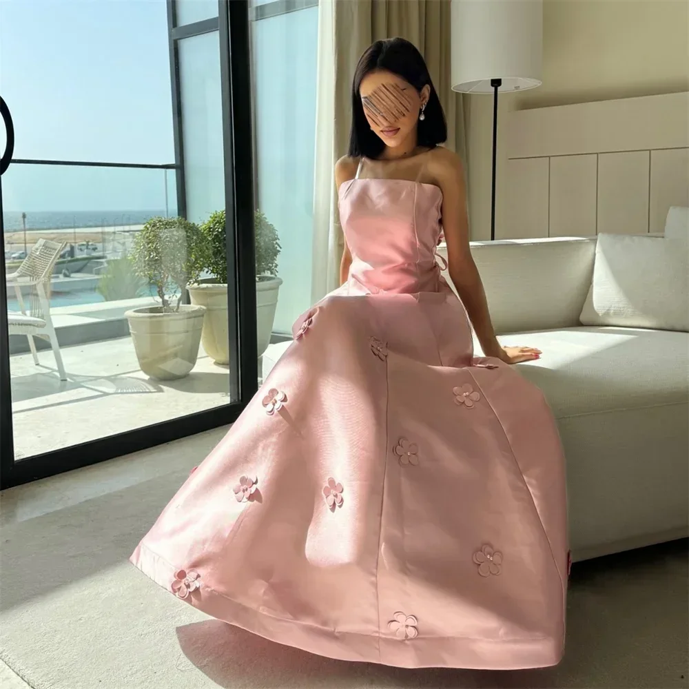 

Formal Evening Gown Spaghetti Strap A-line Anke Length 3D Flower Skirts Bespoke Occasion DressesProm Dress Saudi Arabia