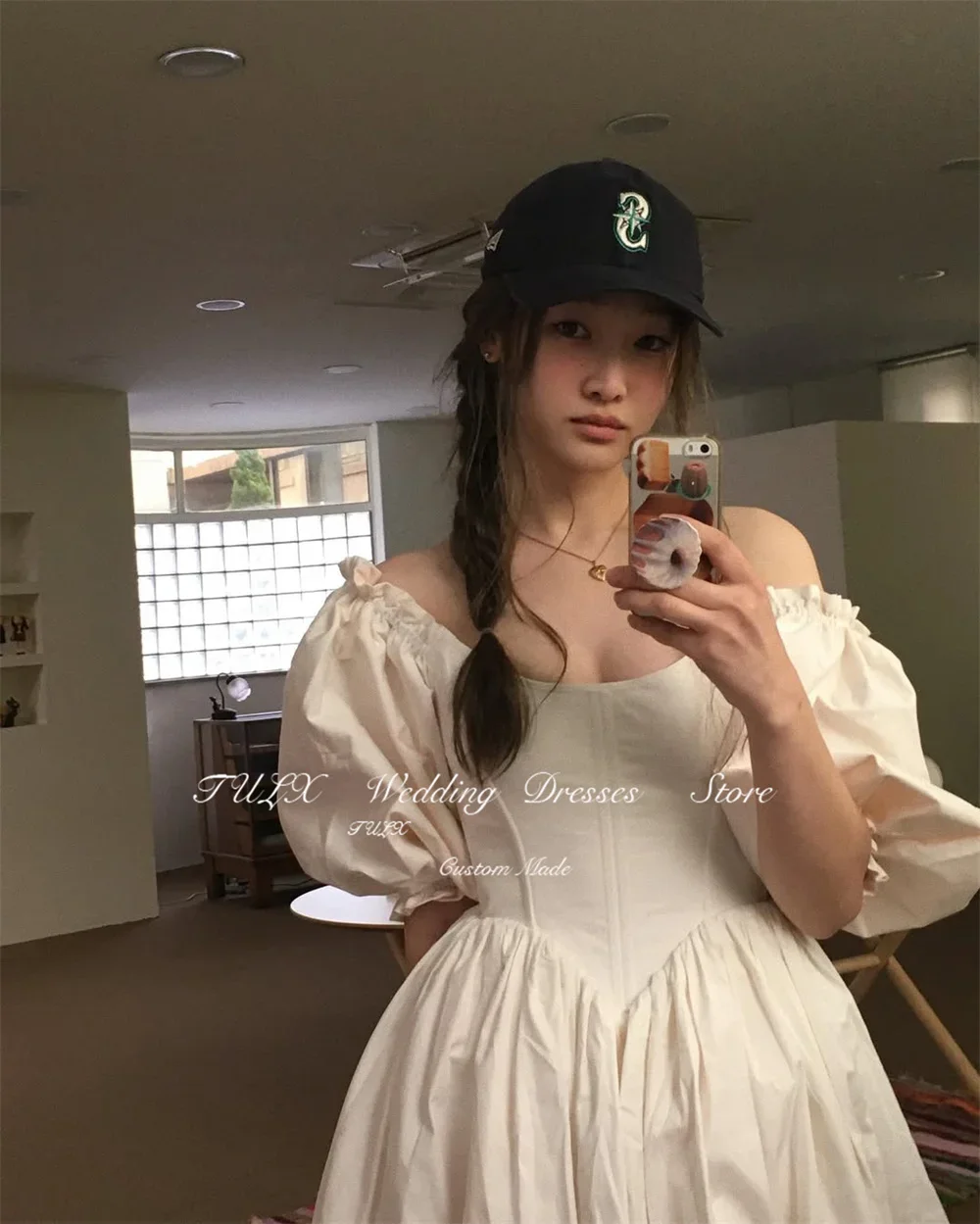 

ML Customized Scoop Collar Taffeta Wedding Dress Korean Photo Shoot Puff Sleeves Corset Bridal Gown A line Floor Length