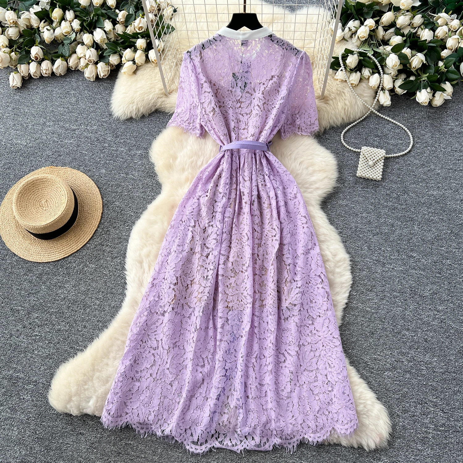 Chic vintage Single Breasted lace short sleeve slim Elegant Fairy korean fashion Boho women clothing Long dress