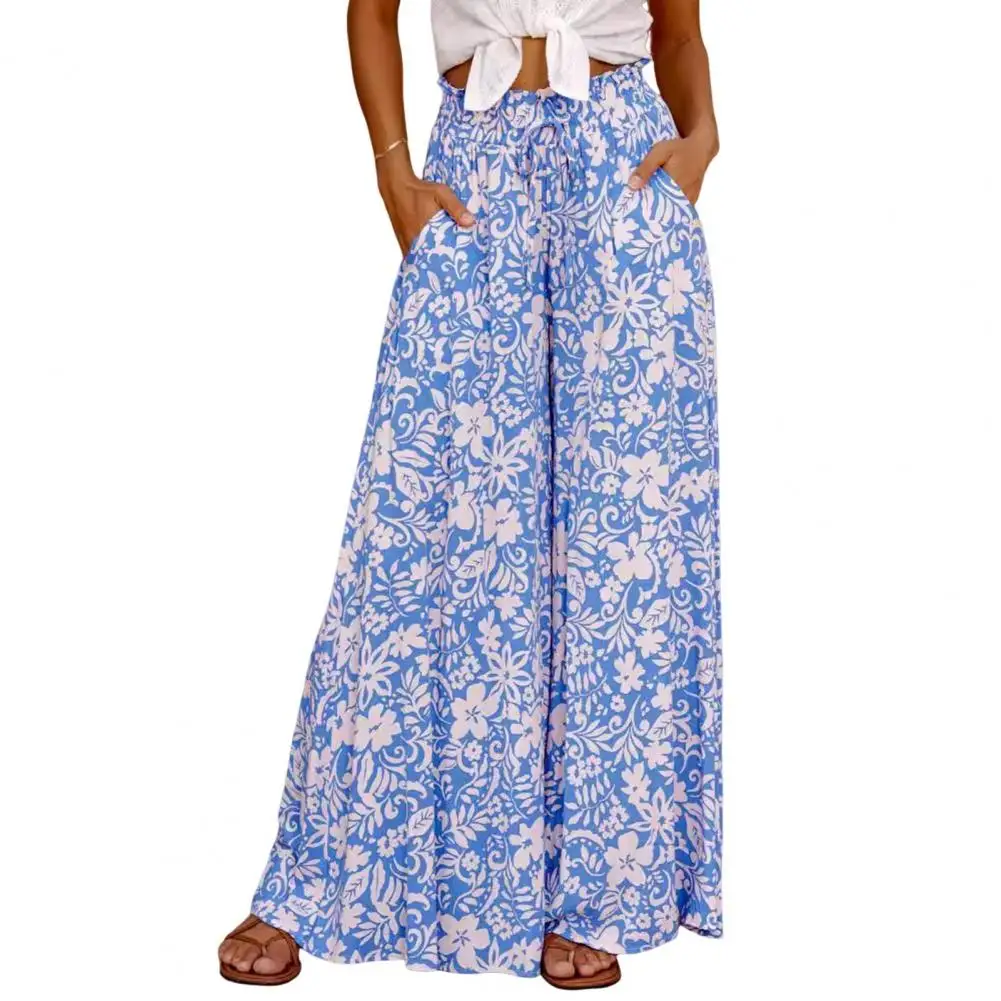 Women Bohemian Pants Bohemian Style Women's Wide-leg Pants Vibrant Color Print Elastic High Waist Drawstring Casual Beach for A