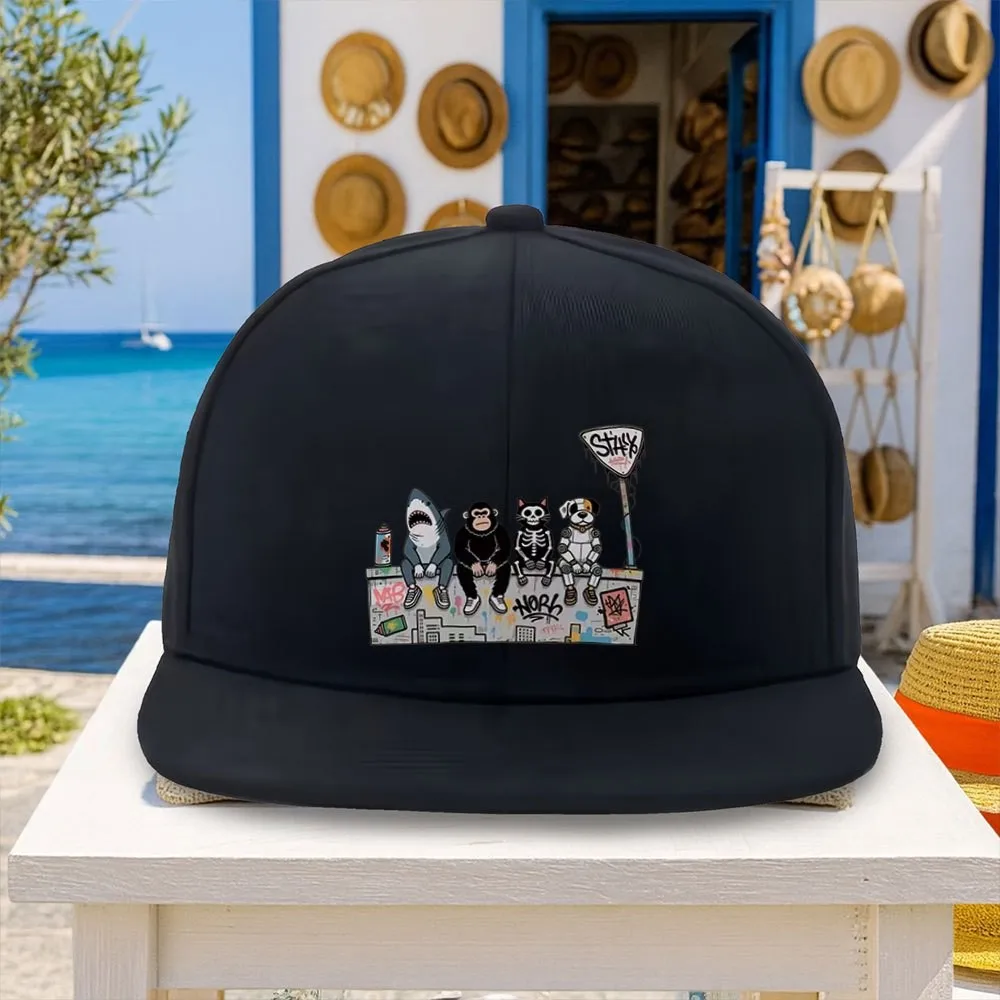 A Versatile Graffiti-style Baseball Cap Featuring Shark, Chimpanzee, Skull, Cat, and Robot Designs. Unisex