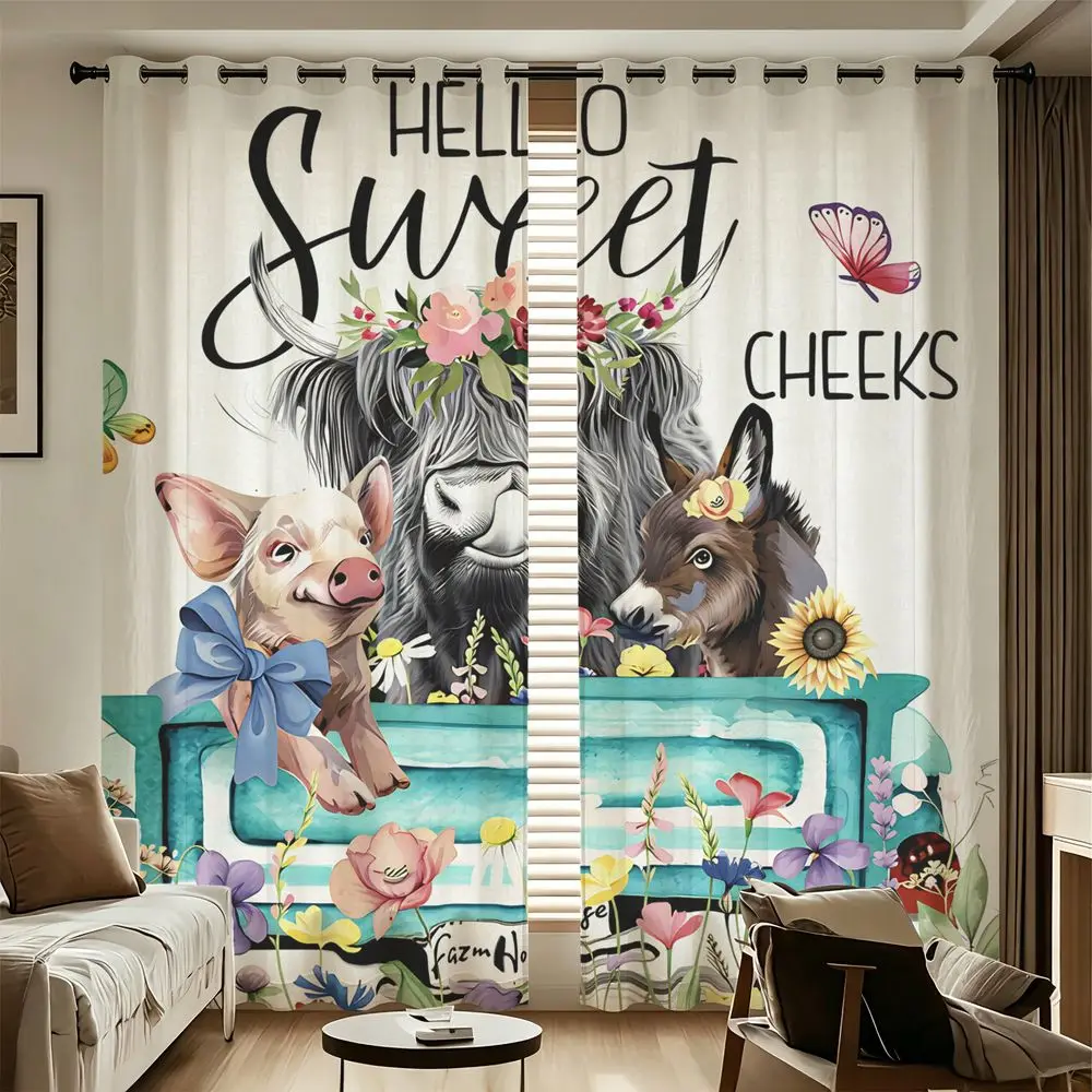 Farm Highland Cow Pig Printed Curtains 2 Panels Light Blocking Rate 85% Darkening Decoration Curtains Country Bedroom Drape