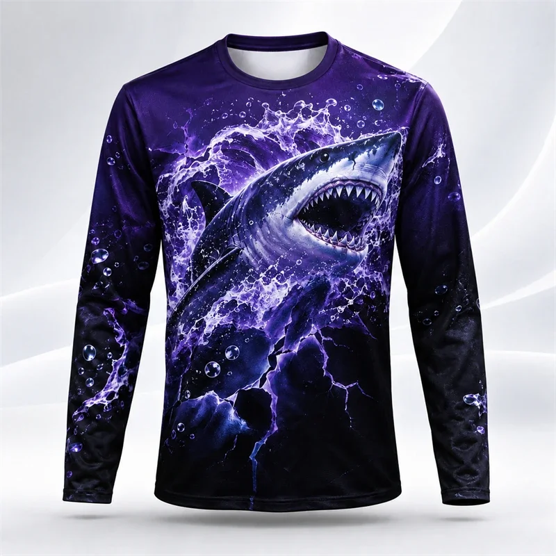 Men 3D All Over Print Long Sleeve T-shirt Polyester Ocean Creature Octopus Shark Manta Ray Jellyfish Graphic Fishing Tee