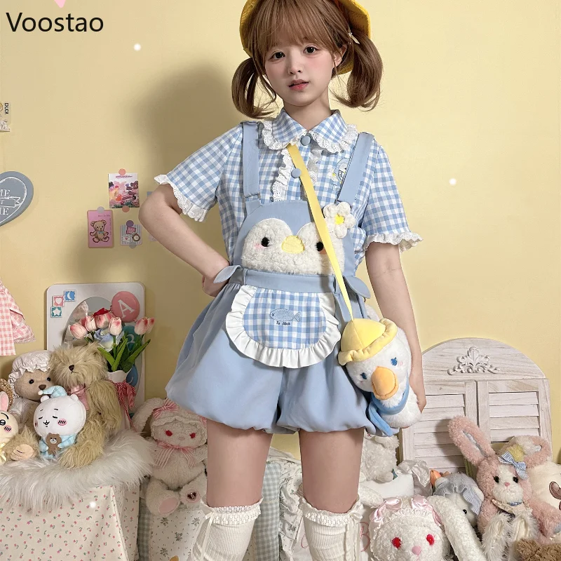 Sweet Lolita Style Shorts Set Women Kawaii Cartoon Embroidery Shirt Overalls Short Pants Suit Japanese Girl Cute Bloomers Shorts