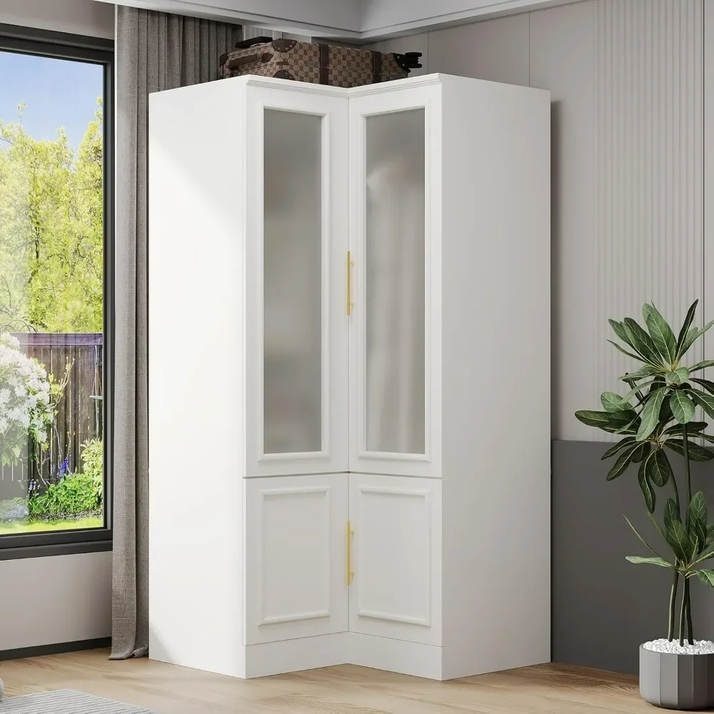 Corner Wardrobe Closet with 4 Doors, Armoire Wardrobe Closet with Hanging Rod, L Shaped Clothes Organizer, Wardrobe