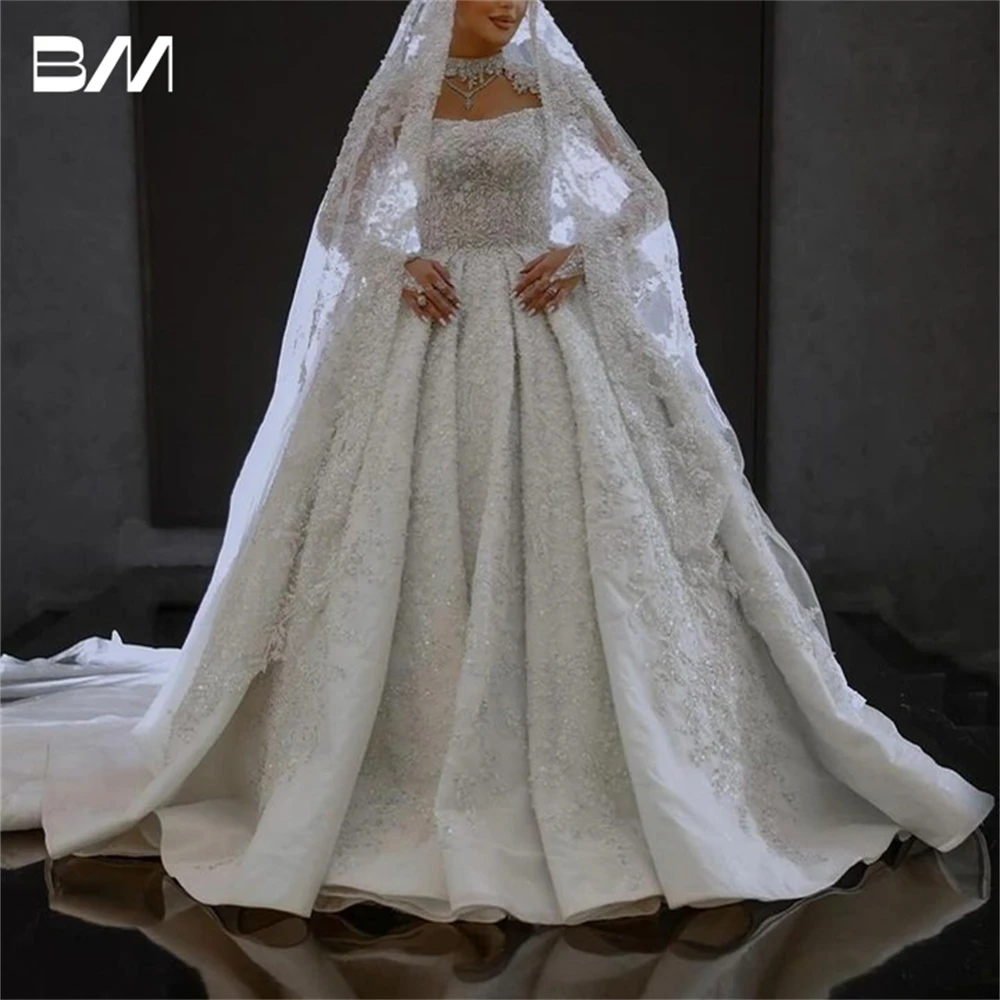 Arabic Long Jacket Sleeve Bride Dresses With Luxury Embroidery Beads Princess Ballgown For Wedding Zipper Back Bridal Gown